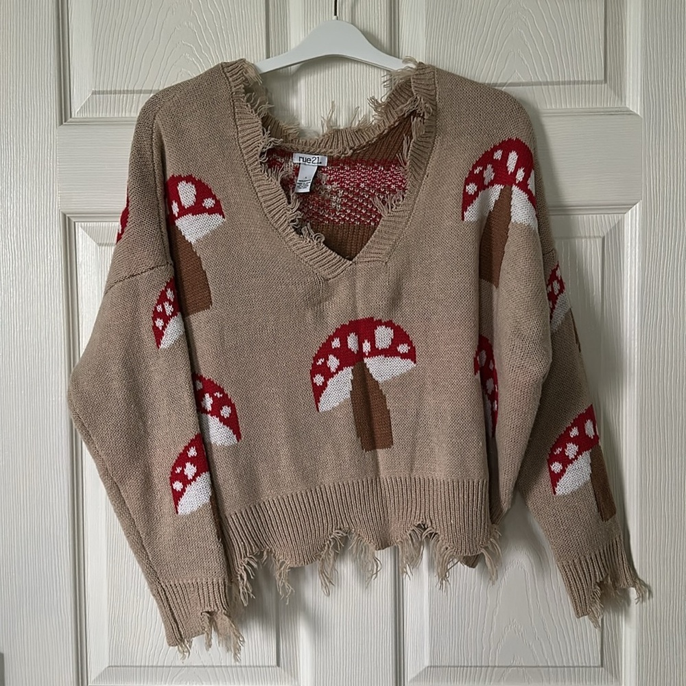 Rue21 Tan Mushroom Pattern Distressed Sweater with Red and White Accents